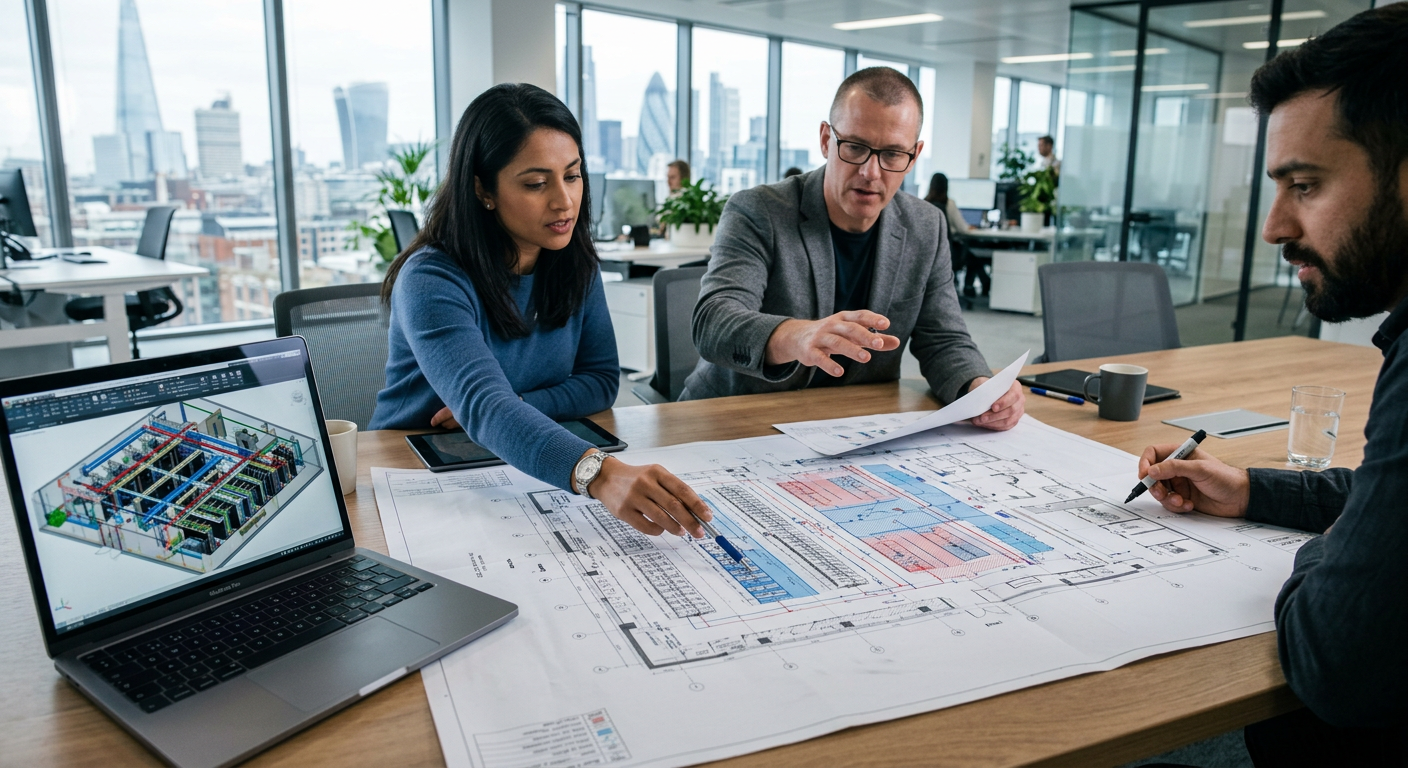 Engineers reviewing a data center floor plan with rack layouts and cooling zones