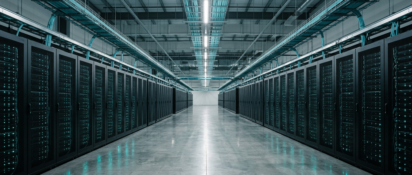A long aisle of server racks inside a modern data center hall
