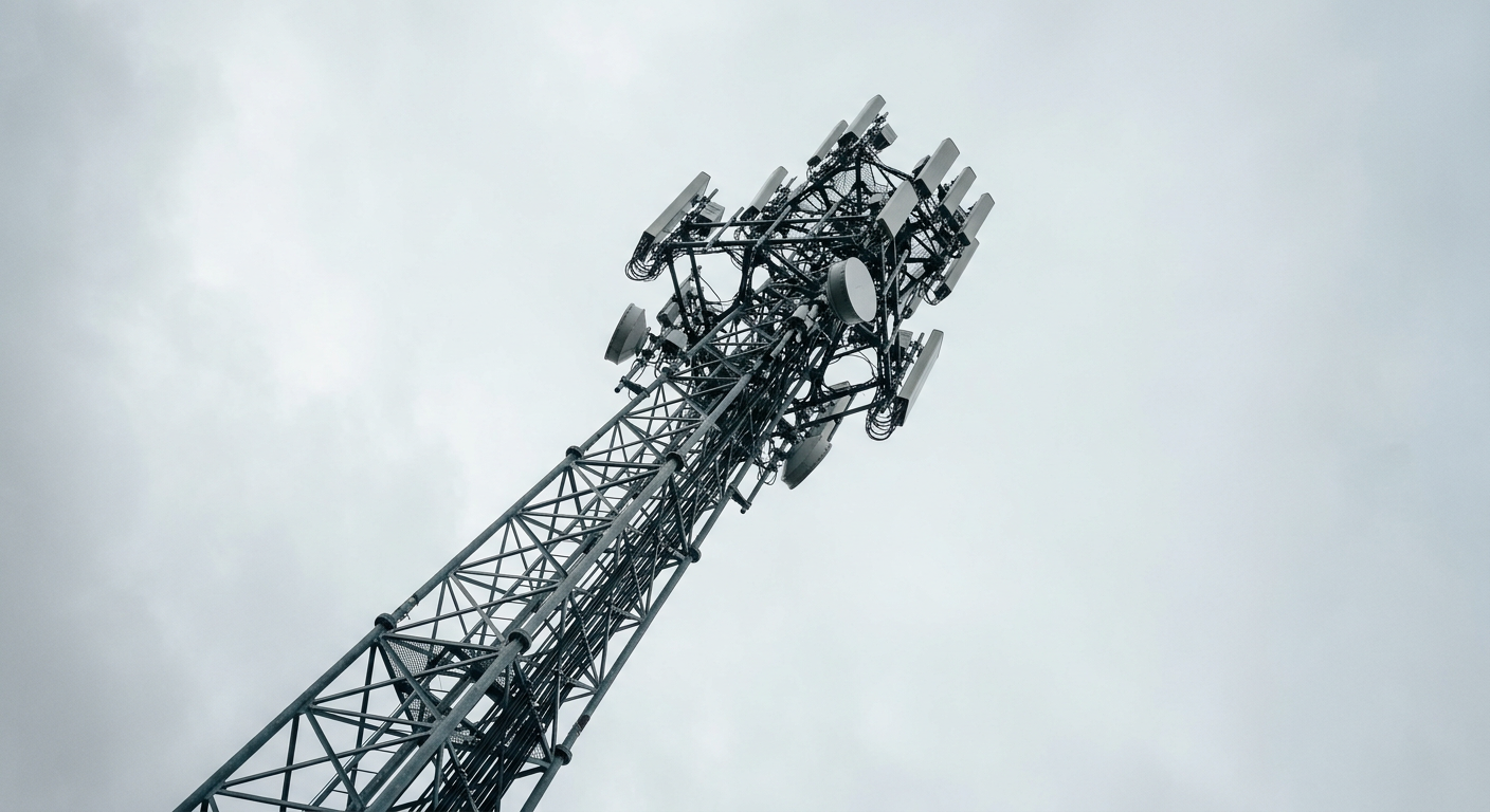 A 5G telecommunications mast against a pale sky